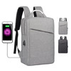 A grey laptop backpack with a front zipper pocket and a charging port, featuring adjustable straps and a minimalist design.