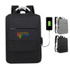 A black laptop backpack featuring a branded logo and a USB charging port. Includes a grey version shown beside it.