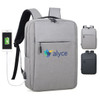 A grey backpack featuring a logo, with a front pocket and side access for charging devices.