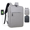 A grey backpack with a front pocket, featuring a USB charging port and black straps, with a logo on the side.