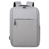 A grey backpack with two shoulder straps and a front pocket, featuring a minimalist design and logo.