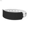 A black plastic wristband with a white interior and circular cut-outs, featuring a secure fastening mechanism.