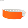 A neon orange plastic wristband featuring holes and a snap-fastener, suitable for events and exhibitions.