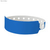 A peacock blue plastic wristband with white fastening and holes, designed for events and exhibitions.