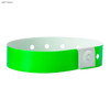 A light green plastic wristband with a white fastening mechanism and multiple holes for adjustments.