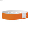 An orange plastic wristband with a white fastening, featuring holes for adjustability.