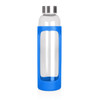 A drink bottle made of glass with a blue silicone sleeve and a stainless steel lid. 600ml capacity.