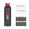 A drink bottle in black with a red cap, featuring a logo. Multiple colour options are displayed alongside.