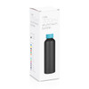 A drink bottle in matte black with a blue cap, displayed in a box featuring a logo and colour options.