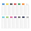 A drink bottle collection with a white body and various coloured caps in blue, black, red, green, orange, pink, purple, and silver.