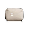 A light beige tech kit with a zip closure and a logo on the front. Ideal for organising small technology items.