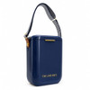 A navy blue cooler with a striped strap and a small logo. It has a sleek, rectangular design.