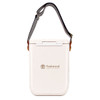 A Pavilion cooler in white with a striped shoulder strap and a logo. Compact design for easy carrying.