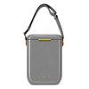 A grey cooler with a shoulder strap and a logo on the front, featuring a sleek, modern design.
