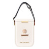 A rectangular white cooler bag with a shoulder strap and a logo. It features a gold accent on the closure.