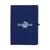 A navy A5 journal with an elastic closure and a logo on the front cover.