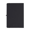 A black A5 journalbook with a textured cover and an elastic closure, featuring a logo on the front.