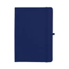 A navy A5 journal with a textured cover, an elastic closure, and a discreet logo.