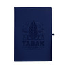 Navy blue A5 recycled journal with a logo on the cover, featuring a leaf and festival-themed graphics.