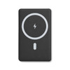A black solid state power bank with a circular design and a lightning bolt symbol. It features a logo.