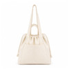 A cream tote bag with long straps, a drawstring closure, and a front pocket, featuring a logo.