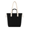 A black tote bag with cream handles and a front pocket, featuring a logo.