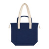 A navy tote bag with cream handles and a front pocket, featuring a branded logo.