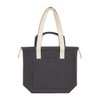A dark grey tote bag with beige handles and a front pocket, featuring a logo.