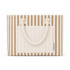 A striped tote bag with a cream and brown pattern, featuring two handles and a front pocket.
