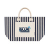 A striped tote bag with a cream base and navy blue stripes. It features a front pocket and a logo.