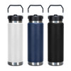 A drink bottle collection featuring a white, navy blue, and black vacuum bottle, each with a handle and a logo.
