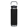 A drink bottle featuring a sleek black design with a stainless steel base and a handle for easy carrying.