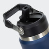 A drink bottle featuring a dark blue body, stainless steel base, and a black lid with a spout. It has a handle and a logo.