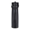 A drink bottle in a sleek black finish, featuring a handle and a secure screw-on lid. It has a logo on its surface.