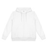 A white zipped hoodie with a hood, front pockets, and drawstring, featuring a logo on the label.