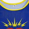 A custom unisex bib featuring a blue design with a yellow trim and a colourful graphic pattern. It includes a logo.