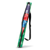 A green cooler sling bag with a black strap, holding multiple drink cans in various colours.