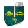 A green can cooler featuring a lemon design, holding a cold can, with a logo and bright yellow text.