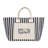 A striped tote bag in navy and cream featuring a pocket with a logo. The bag has sturdy handles for carrying.