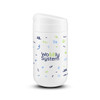A white drink bottle featuring a playful design with various colourful squiggles and a logo.