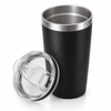 A drink bottle with a sleek black exterior and a stainless steel interior, accompanied by a clear lid.
