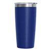 A drink bottle featuring a stainless steel lid and a deep blue matte finish, with a logo on the surface.