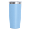 A drink bottle with a light blue exterior and a stainless steel lid, featuring a logo.