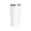 A drink bottle in white with a silver lid and a logo, featuring a sleek and modern design.