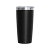 A drink bottle featuring a sleek black body with a metallic silver lid and a simple logo.