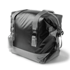 A foldable cooler bag featuring a sleek black and grey design with zippers and straps. It includes a side bottle holder.