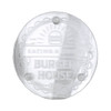 A clear round glass coaster with a logo design and four small feet for stability.