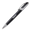 A black metal pen with a chrome clip and a branding logo on the side.