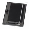 A black notebook and a silver-accented stylus pen presented in a sleek black gift box with foam padding.