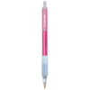 A pink Clic Stic Ice Grip pen with a clear barrel and a comfortable grip, featuring a branding logo.